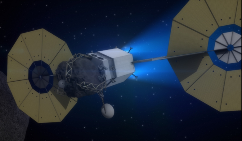 The Asteroid Redirect Vehicle, part of NASA's Asteroid Initiative concept, is shown traveling to lunar orbit using its solar electric propulsion system in this artist's concept. Image credit: NASA