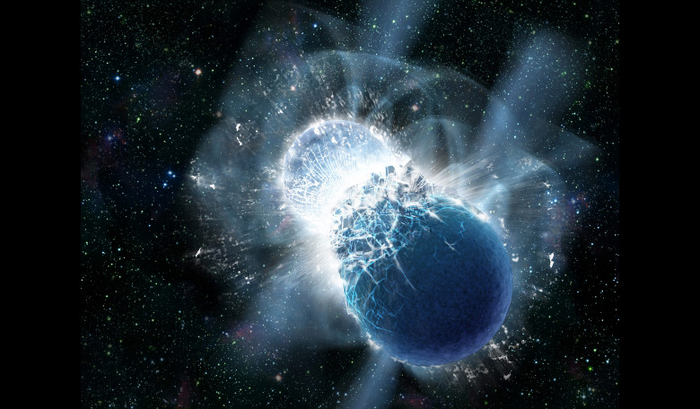 An artist's impression of two neutron stars colliding. Credit: Dana Berry, SkyWorks Digital