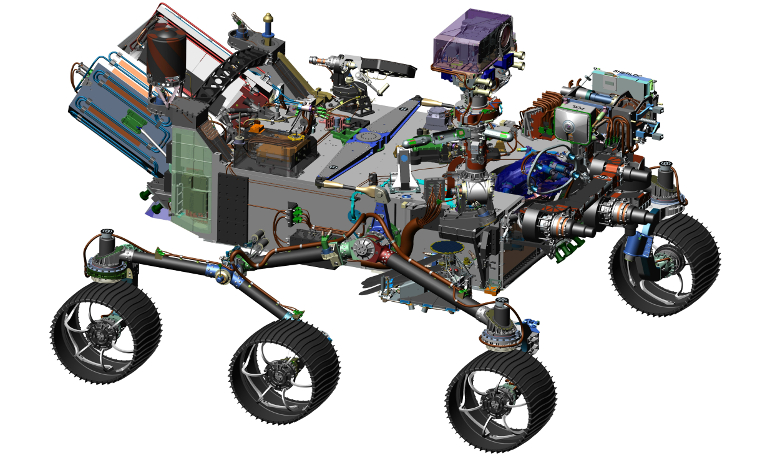 This image is from computer-assisted-design work on the Mars 2020 rover, that closely follows the design of NASA's Curiosity rover, but equipped with new science instruments. Image: NASA/JPL-Caltech
