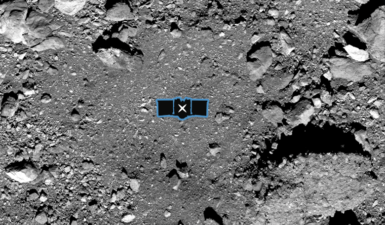 This image shows sample site Nightingale, OSIRIS-REx’s primary sample collection site on asteroid Bennu. The image is overlaid with a graphic of the OSIRIS-REx spacecraft to illustrate the scale of the site. Image: NASA/Goddard/University of Arizona