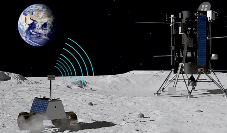 Illustration of a lunar rover communicating with a landing module using Nokia Bell Lab’s LTE/4G self-configuring cellular network. Image: Nokia Bell Labs/Intuitive Machines