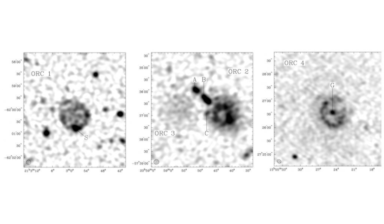 Radio images of the ORCs captured using the Australian Square Kilometre Array Pathfinder (ASAP). Image Norris, et al, Unexpected Circular Radio Objects at High Galactic Latitude, 2020