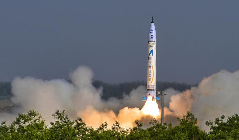 The 9m-tall 'Chongqing Liangjiang Star' OS-X single-stage solid-fuelled rocket lifts off from northwest China on 17 May, 2018. Image: Wan Nan/Chongqing Daily, China Daily