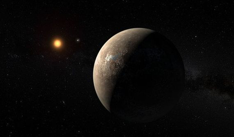 An artist’s impression of the exoplanet Proxima Centauri b. The Alpha Centauri binary system can be seen in the background. Image: ESO/M. Kornmesser