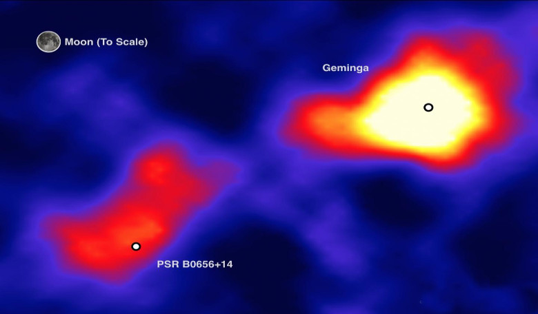 Nearby pulsars Geminga and PSR B0656+14, once thought to be the source of cosmic rays that contain high-energy positrons: Image: John Pretz