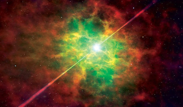 A pulsar with beams of radiation that mimic a lighthouse beam. Image: Mark Garlick/SPL
