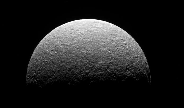 An image of Saturn’s icy moon Rhea, taken by NASA's Cassini spacecraft. Image: NASA/JPL-Caltech/Space Science Institute