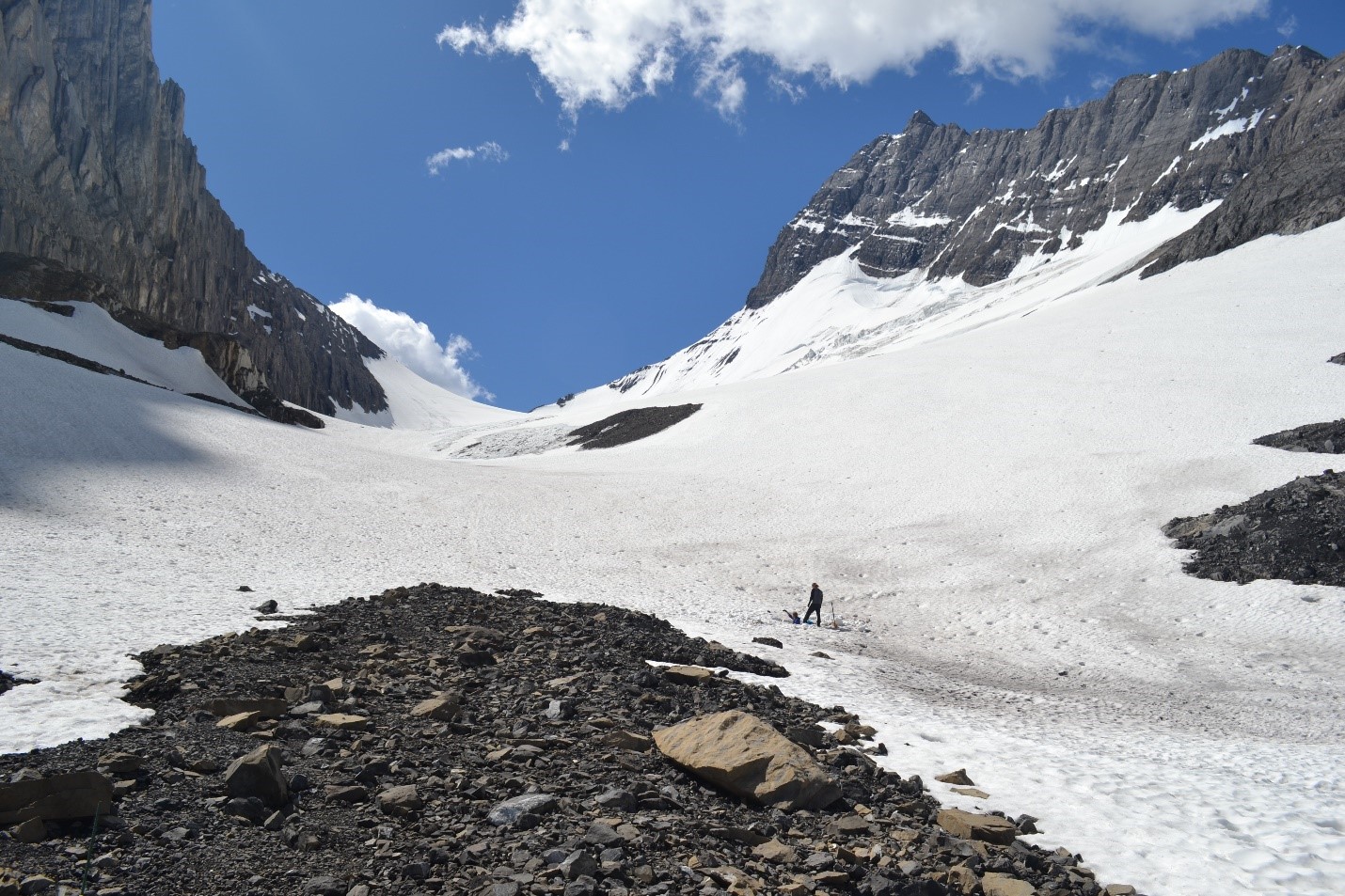 View of Robertson Glacier, Alberta, Canada, with a researcher in the foreground for scale. Robertson Glacier was one of the locations used to collect microbial samples for a new study into hydrogen-supported life beneath glaciers. Image: NASA / Boyd 