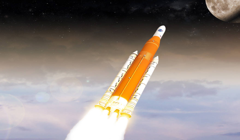 This illustration shows NASA’s Space Launch System (SLS) in the Block 1 cargo configuration. In place of NASA’s Orion spacecraft, there is a fairing to protect cargo, or payloads, during launch. Image: NASA