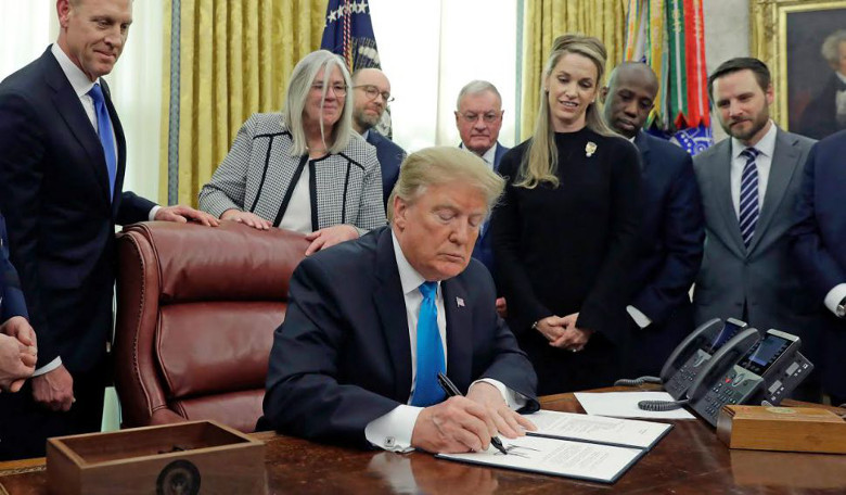 President Donald Trump signs Space Policy Directive-4 at the White House on 19 February, 2019 to establish a Space Force. Image: Evan Vucci/AP/REX/Shutterstock