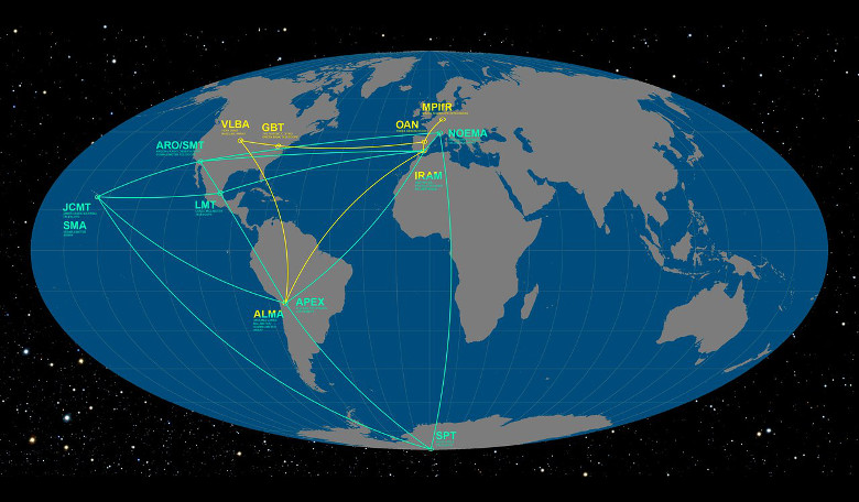 Locations of the participating telescopes of the Event Horizon Telescope (EHT) (in green) and the Global mm-VLBI Array (GMVA) (in yellow). Their goal is to image the shadow of the event horizon around Sagittarius A*. Image: ESO/O. Furtak