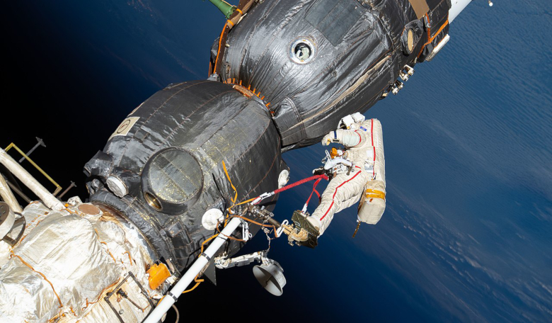 Russian spacewalker Oleg Kononenko worked outside the ISS with fellow spacewalker Sergey Prokopyev (out of frame) to examine the external hull of the Soyuz crew ship docked to the Rassvet module. Image: NASA