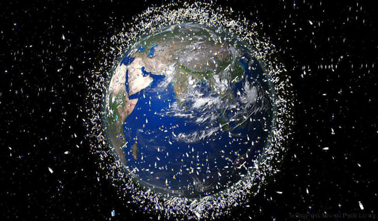 A dramatisation of space junk/satellites in orbit around Earth. Image: Copyright: Science Photo Library