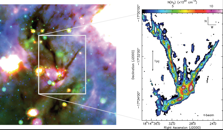 Left: three colour composite image of SDC13. Right: Brand new, high resolution map of SDC13 tracing the internal dense ammonia gas revealing cores dotted along all the filaments. Image: G. Williams et al. / University of Cardiff