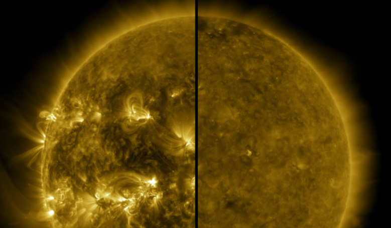 This split image shows the difference between an active Sun during solar maximum (left) captured in April 2014 and a quiet Sun during solar minimum (right) captured in December 2019 which marks the beginning of Solar Cycle 25. Image: NASA/SDO