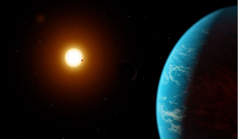 An artists impression of two exoplanets orbiting a bright central star. Adapted from an image supplied by NASA