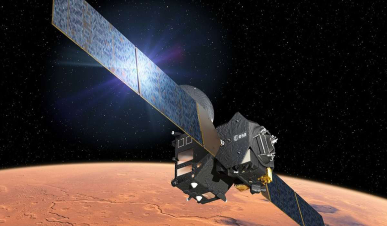 An artist's rendering of ESA's ExoMars Trace Gas Orbiter orbiting above Mars