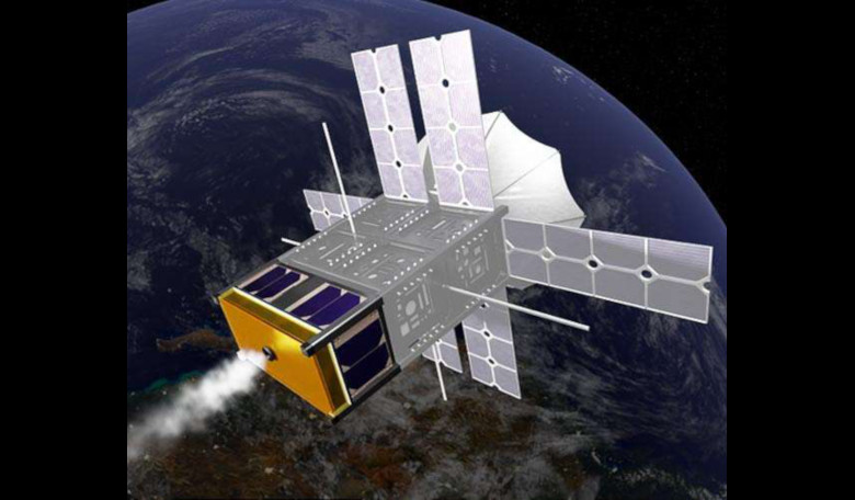 An artist's rendering of the steam-powered ThermSat in orbit (the extended solar panels are solely for powering the satellite payload). Image: Howe Industries