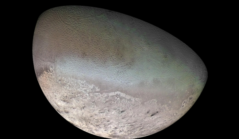 This global colour mosaic of Neptune's moon Triton was taken in 1989 by Voyager 2 during its flyby of the Neptune system. Image: NASA/JPL/USGS