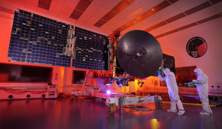 The Emirati Mars Mission, or Hope spacecraft, is pictured inside a clean room during ground testing. Image: MBRSC