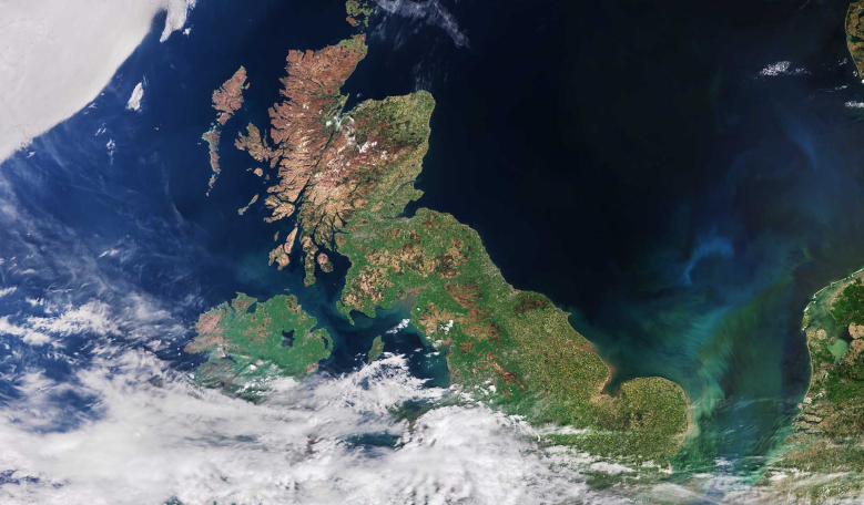 Sentinel-3A satellite view of the UK in May 2020. Image: ESA
