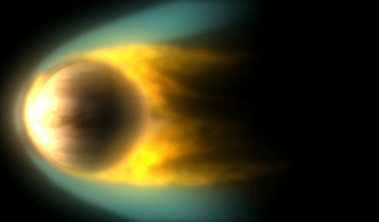 An artists's rendering of Venus immersed in a flow of plasma, an ionised and highly variable gas originating from the Sun called the solar wind. Image: ESA