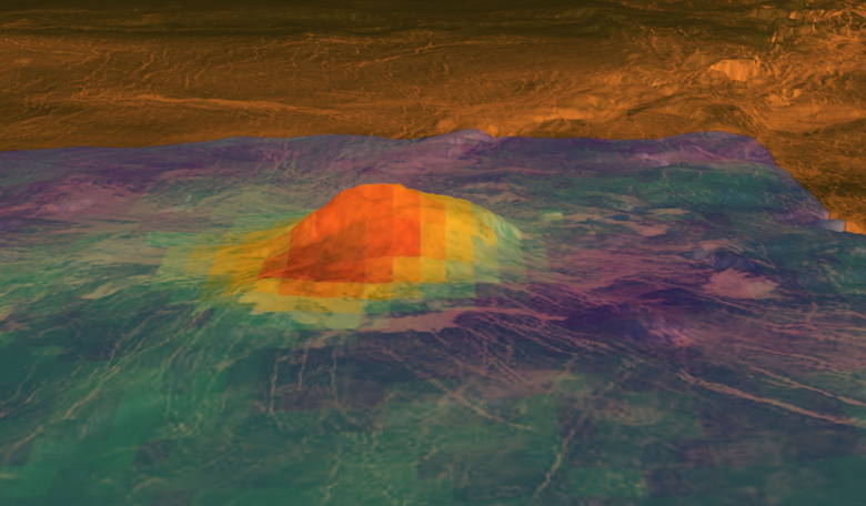 Image showing the volcanic peak Idunn Mons on Venus. The coloured overlay shows the heat patterns derived from surface brightness data collected by ESA's Venus Express Visible and Infrared Thermal Imaging Spectrometer. Image: NASA/JPL
