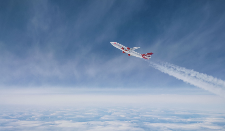 Virgin Orbit’s rocket carrier aircraft, “Cosmic Girl,” performs a pull-up manoeuvre to simulate the release of the company’s small satellite launcher, LauncherOne. Image: Virgin Orbit