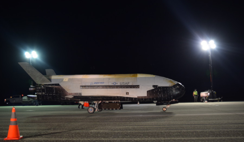 After a 780 day top secret mission, the US Air Force X-37B spaceplane lands at NASA’s Kennedy Space Center Shuttle Landing Facility on 27 October, 2019. Image: US Air Force