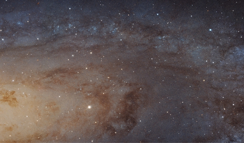 A sweeping bird’s-eye view of a portion of the Andromeda galaxy (M31) by the Hubble Space Telescope. It is the sharpest image ever taken of our galactic next-door neighbour.