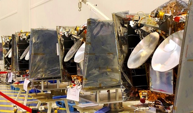 Four of the OneWeb satellites before their transfer from Toulouse.