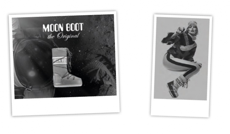 Moon Boot advertising campaign clearly displaying the inspiration from Armstrong’s first lunar footprint. Innovative shape and material together with lightness and freedom of movement are the keywords of the success of the Italian brand.