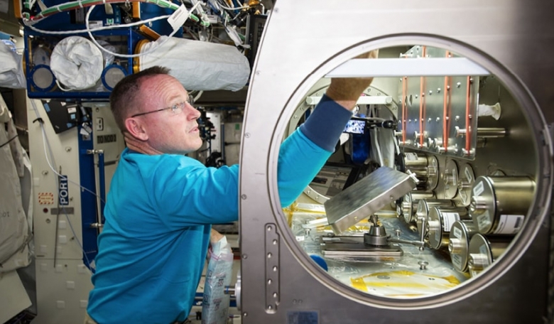 NASA astronaut Barry Wilmore setting up the Rodent Research-1 hardware in the Microgravity Science Glovebox aboard the International Space Station.