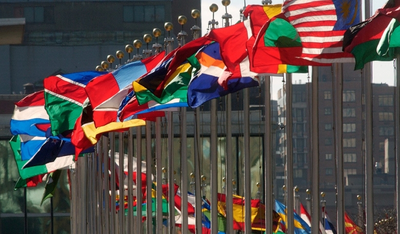 Flags of member nations flying at United Nations Headquarters in New York.