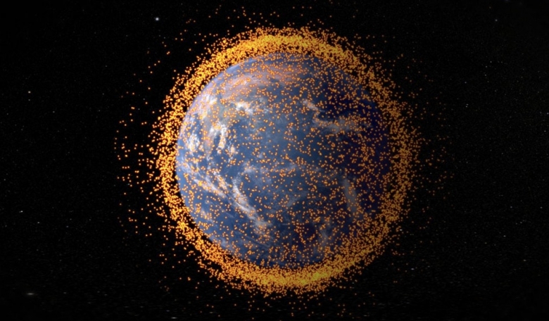 Illustration showing the proliferation of space debris around the Earth - a rapidly worsening problem.