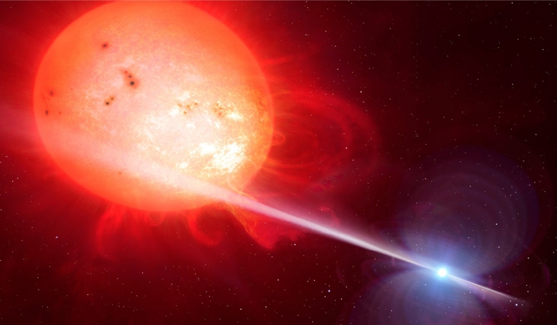 Depiction of the strange object of AR Scorpii. In this unique double star, a rapidly spinning white dwarf star (right) powers electrons up to almost the speed of light.