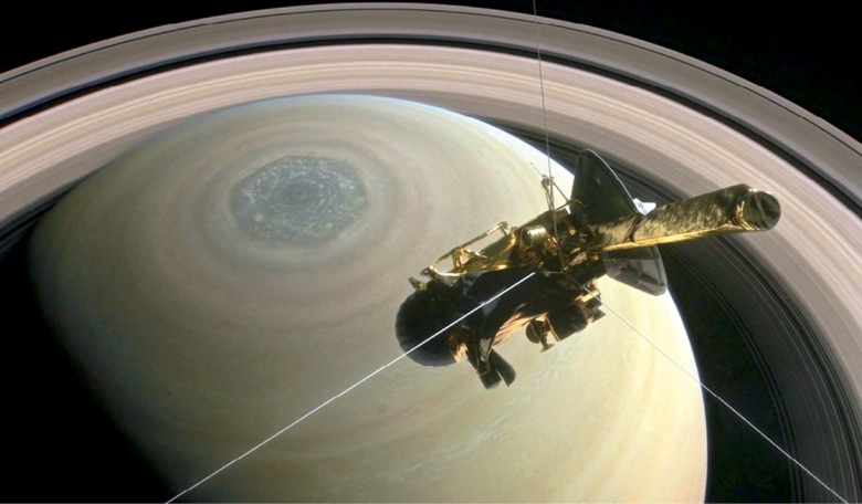 Cassini above Saturn’s north pole during summer, with the hexagon and polar cyclone in view.