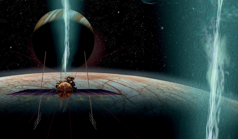 An artistic interpretation by James Vaughan of NASA’s proposed ‘Europa Clipper’ lining-up to make a pass through one of Europa’s enigmatic plumes.