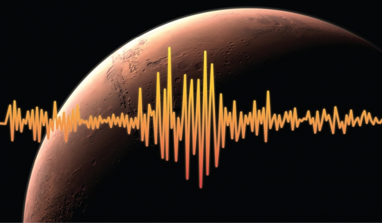An artist’s rendition of Mars, highlighting one of InSight’s goals which is to figure out just how tectonically active Mars is today and how often meteorites impact it.