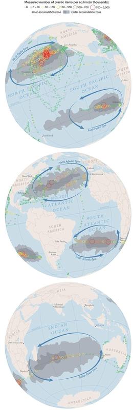 Concentrations of plastic ML in surface waters of the global ocean predicted by numerical models.