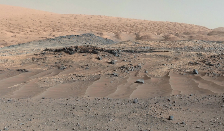 A panorama combining images from NASA’s Curiosity Mars Rover shows diverse geological textures on Mount Sharp.