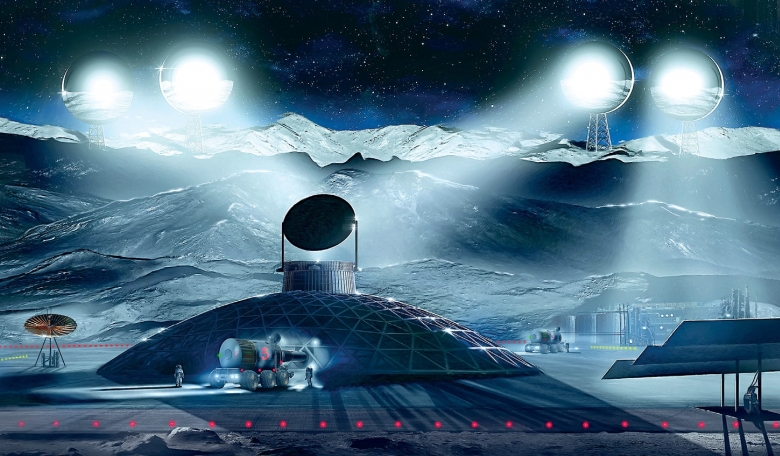 Artist’s concept of the propellant production operation illuminated by reflected sunlight.