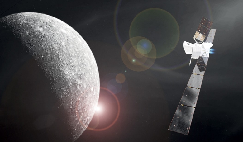Artist’s impression of BepiColombo in cruise configuration, approaching Mercury. On its 7.2-year journey to the innermost planet, BepiColombo will fly-by Earth once, Venus twice and Mercury six times before entering orbit.