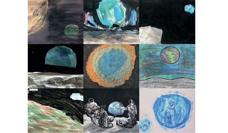 A mosaic of paintings by children from around the world, all inspired by Apollo 8’s iconic ‘Earthrise’ photo.
