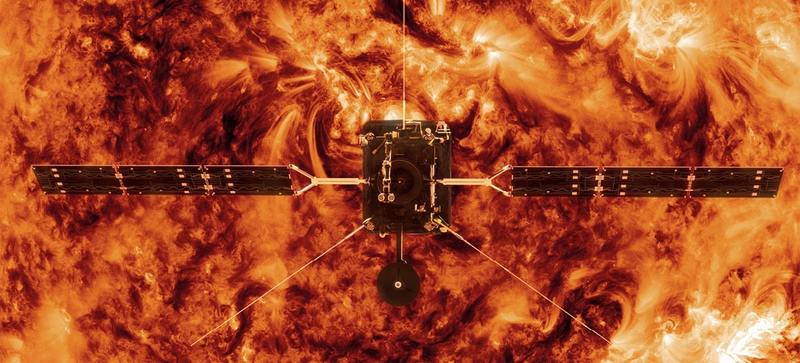 Artist impression of ESA’s Solar Orbiter in front of the Sun