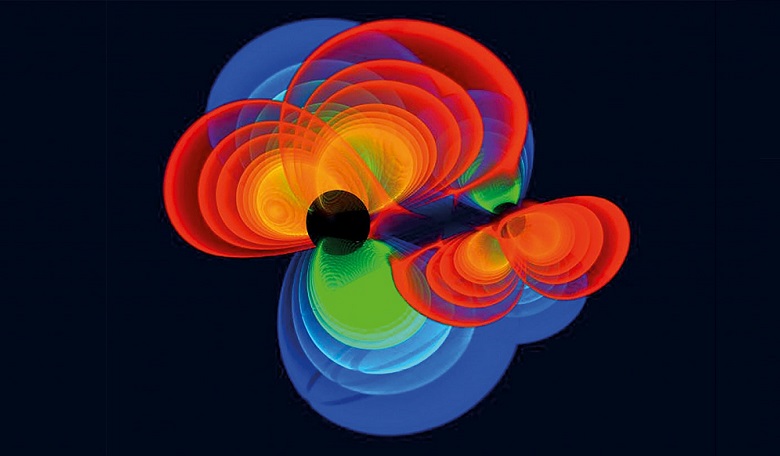 Simulation of two merging black holes where the colours represent quantities related to the gravitational waves emitted from the system. LISA Pathfinder is paving the way for the detection of gravitational waves from space.