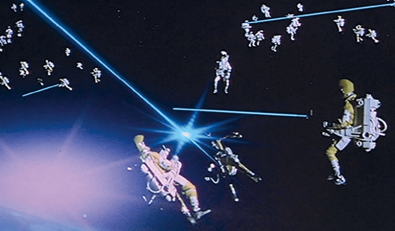 Still from the film ‘Moonraker’ in 1979 showing the James Bond cinematic concept of troops engaged in a fight in Earth orbit.