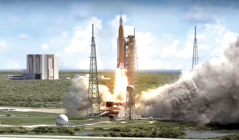 An artist’s rendering showing liftoff of NASA’s SLS, America’s first human-rated heavy lift rocket intended to carry astronauts into deep space since the mighty Saturn V which was the key technical achievement underpinning the Apollo programme.