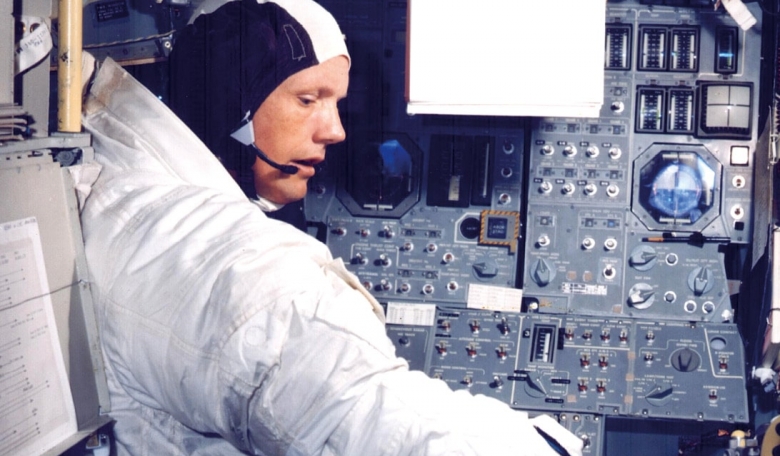 Apollo 11 Commander Neil Armstrong going through flight training in the lunar module simulator situated in the Flight Crew Training Building at Kennedy Space Center in preparation for piloting the module to a lunar landing.