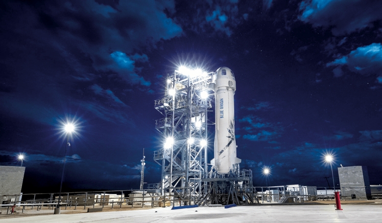 New Shepard, Blue Origin’s suborbital rocket on the launchpad.